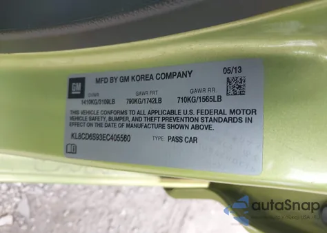 2014 Chevrolet Spark 1Lt Auto z USA, uszkodzony, nr VIN KL8CD6S93EC405560